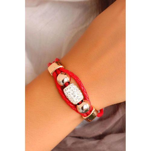 Parlak Taşlı Aksesuarlı Kırmızı Deri Bayan Bileklik