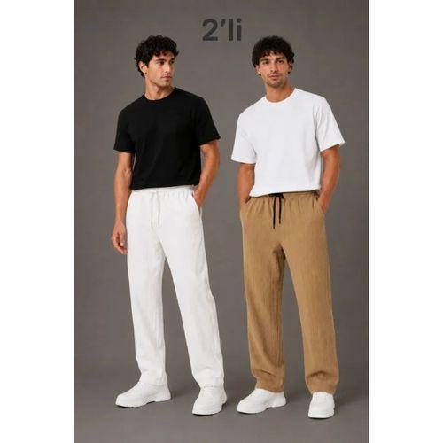 Erkek 2li Bürümcük Kumaş Beli Lastikli Bağcıklı Bol Paça Pantolon - Beyaz/Vizon