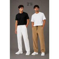 Erkek 2li Bürümcük Kumaş Beli Lastikli Bağcıklı Bol Paça Pantolon - Beyaz/Vizon