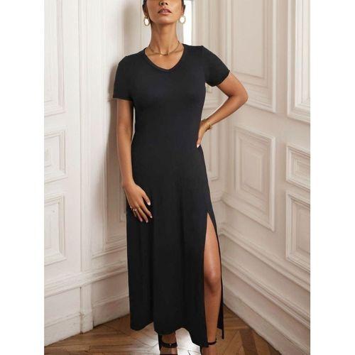 Kadın Kısa Kollu V Yakalı Maksi Boy Viskon Elbise