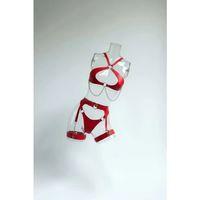 Kırmızı Harness Takım Deri Zincir Detaylı Vücut Jartiyer - Brf1330