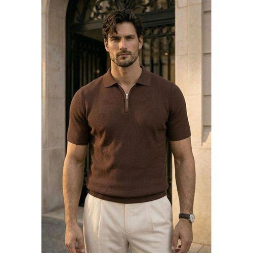 Jeff Selanik Örgü Polo Yaka Yarım Fermuarlı İnce Triko Erkek T-Shirt - Kahve