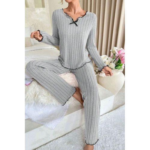 Kadın Gri Çizgili Fiyonk Detaylı Uzun Kollu Mevsimlik Pijama Takımı Premium Ev Giyim