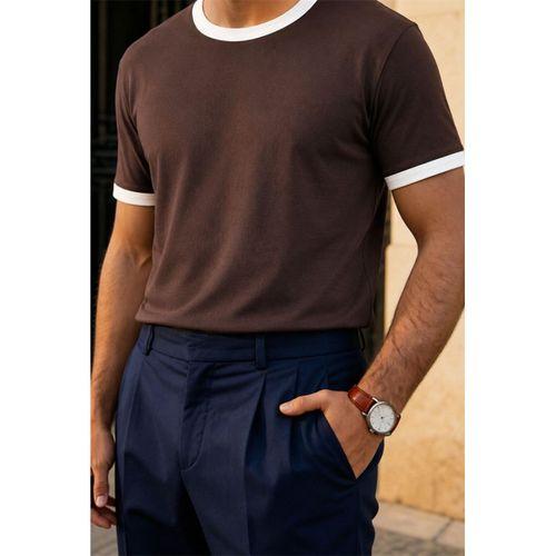 Capra Yaka Kol Biyeli Basic Pamuk Likralı İki İplik Erkek T-Shirt - Kahve