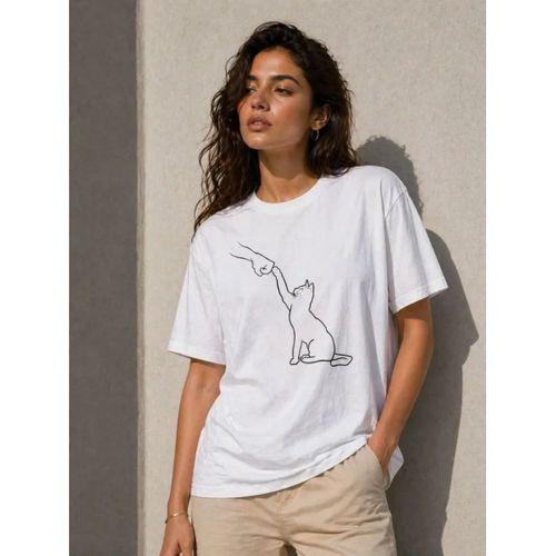 Minimal Kedi Çizim Baskılı Tişört Kısa Kol Yazlık T-Shirt - Beyaz