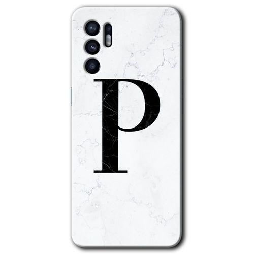 Oppo Reno 6 Kılıf HD Desen Baskılı Arka Kapak - Beyaz Mermer Desenli P Harfi + Kırılmaz Cam
