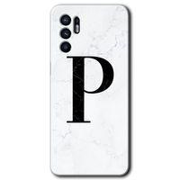 Oppo Reno 6 Kılıf HD Desen Baskılı Arka Kapak - Beyaz Mermer Desenli P Harfi + Kırılmaz Cam