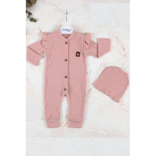 Boydan Düğmeli Şapkalı % 100 Pamuk Kız Bebek Tulumu