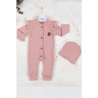 Boydan Düğmeli Şapkalı % 100 Pamuk Kız Bebek Tulumu