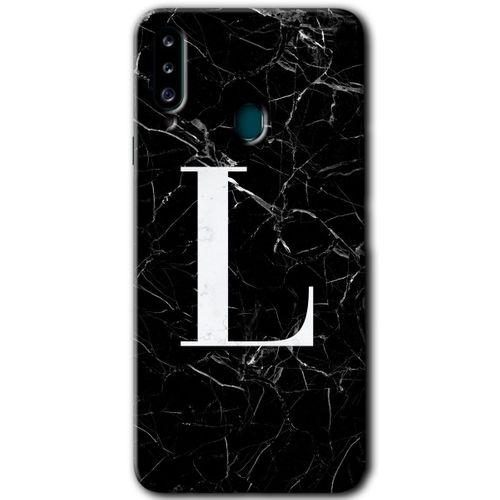 Samsung Galaxy A20s HD Baskılı Kılıf + 9D Tam Ekran Koruyucu - Siyah Mermer Desenli L Harfi