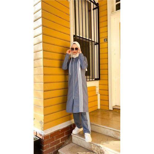 Fermuarlı Kapşonlu Uzun Tunik Pantolon İkili Tesettür Eşofman Takımı - 03077.006 - İndigo