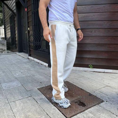 Erkek Üç İplik Kışlık Pamuklu Yandan Garneli Kalın Bej Şeritli Cepli Eşofman Altı - Beyaz