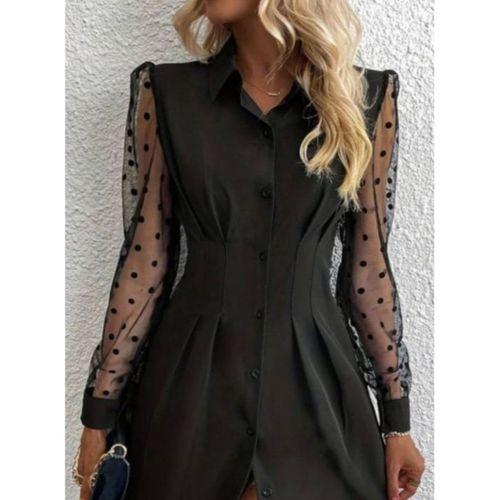 Kadın Uzun Kollu Yakalı Düğmeli Mini Ithal Krep Elbise