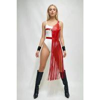 Kırmızı Etek Deri Zımba Detaylı Etek Püsküllü - Brf1014