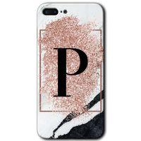 MRCİLETİSİM iPhone 7 Plus Kılıf Baskılı Kapak - Pembe Mermer Desenli P Harfi + 5D Tam Kaplayan Cam
