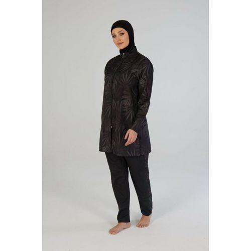 Estiva 26964 Siyah Tropical Tam Kapalı Taş Baskılı Pantolonlu Fermuarlı Tesettür Mayo
