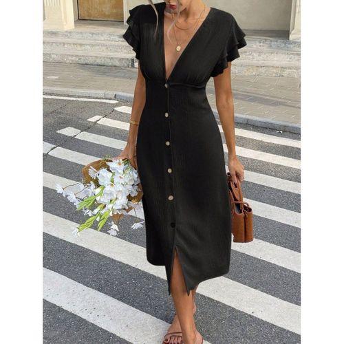 Kadın Kısa Kollu V Yakalı önden Düğmeli Bürümcük Midi Elbise