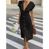 Kadın Kısa Kollu V Yakalı önden Düğmeli Bürümcük Midi Elbise