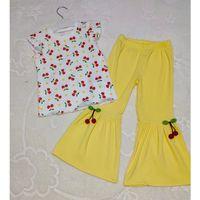 1-2-3-4 Yaş Kiraz Baskılı Tişört İspanyol Paçalı Likralı 2li Kız Çocuk Takımı Sarı