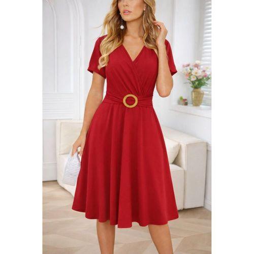 Kadın Kısa Kollu Kruvaze Yakalı önden Toka Detaylı Kısa Viskon Elbise