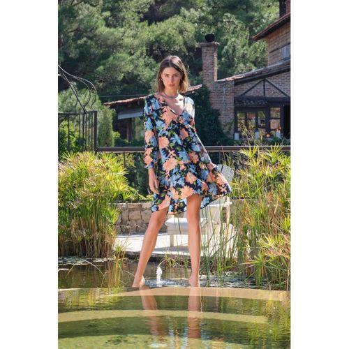 Viskon Çiçek Ve Yaprak Desenli Uzun Kollu Elbise