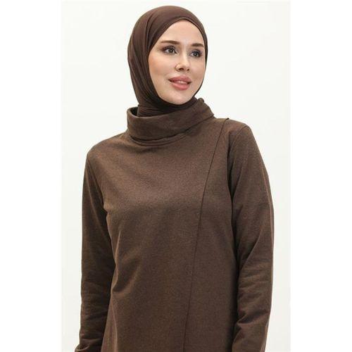 Kruvaze Balıkçı Yaka Sade Basic Uzun Tunik Panolon İkili Takım - 03043.028 - Kahverengi