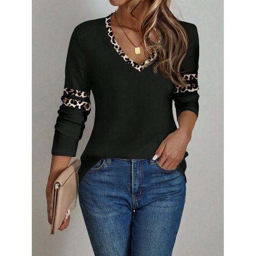 Kadın Uzun Kollu V Yakalı Leopar Desenli Viskon Iki Iplik Bluz