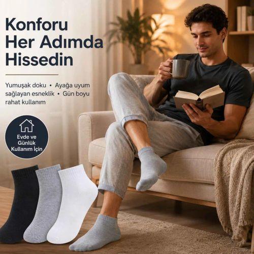 Erkek Kısa Konç Çorap 6'lı | %80 Pamuklu Dikişsiz Burun, Nefes Alan, Siyah Gri Beyaz