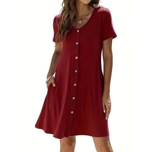 Kadın Kısa Kollu V Yaka önü Düğmeli Viskon Elbise