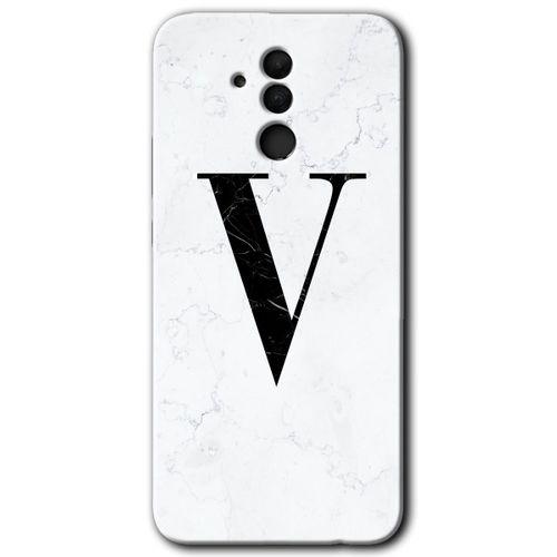 MRCİLETİSİM Huawei Mate 20 Lite Kılıf Baskılı Kapak - Beyaz Mermer Desenli V Harfi +Tam Kaplayan Mat Seramik