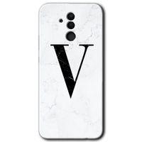 MRCİLETİSİM Huawei Mate 20 Lite Kılıf Baskılı Kapak - Beyaz Mermer Desenli V Harfi +Tam Kaplayan Mat Seramik