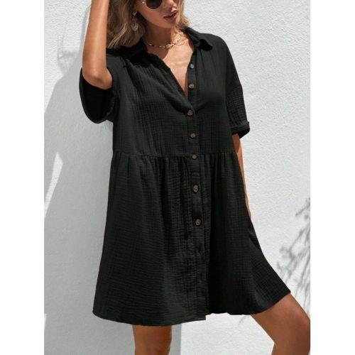 Kadın Kısa Kollu Yakalı önden Düğmeli Kısa Bürümcük Elbise