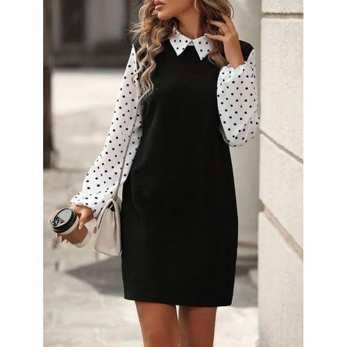 Kadın Uzun Kollu Yakalı Kol Ve Yaka Puantiye Detaylı Ithal Krep Elbise