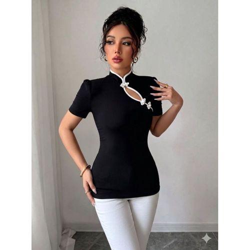 Kadın Beyaz şerit Detaylı Dar Kesim Dik Yaka Bluz