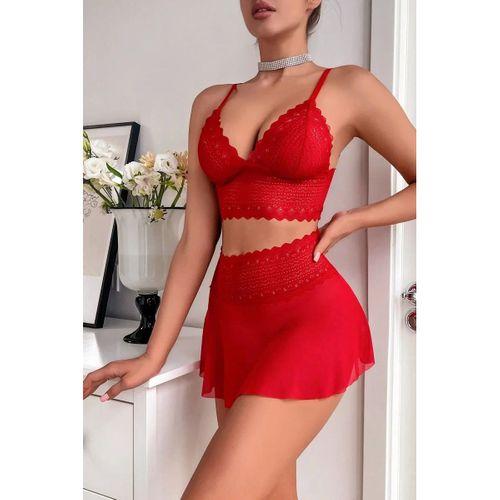 Kadın Kırmızı Dantel Ve Tül Detaylı Etekli Şık Gecelik Takımı