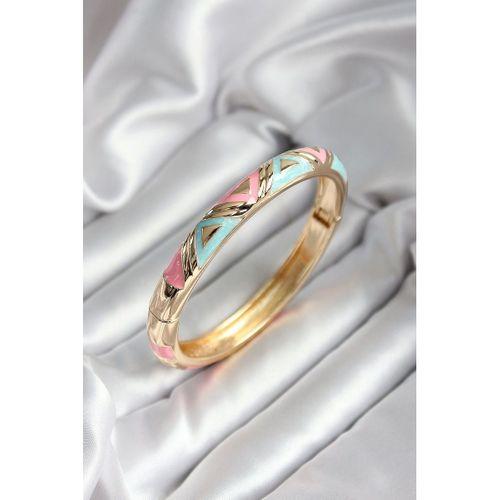 Mineli Pirinç Mavi Ve Pembe Üçgen Desenli Gold Renk Kadın Kelepçe (çap 60 mm)