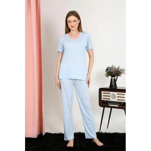 Kadın Kısa Kol Pamuk Penye Pijama Takım Mavi