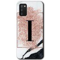 MRCİLETİSİM Samsung Galaxy A02s Kılıf Baskılı Kapak - Pembe Mermer Desenli I Harfi + 5D Tam Kaplayan Cam