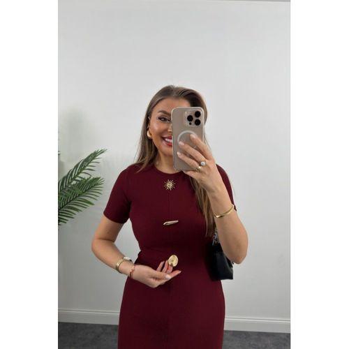 Kadın Ottoman Kumaş Likralı Düğme Tasarımlı Kısa Kol Kalem Elbise