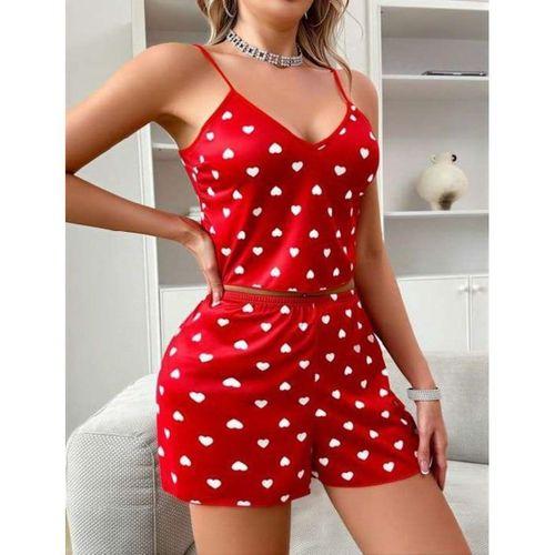 Kırmızı Üstüne Beyaz Kalp Desenli İnce Askılı Şortlu Pijama Takımı