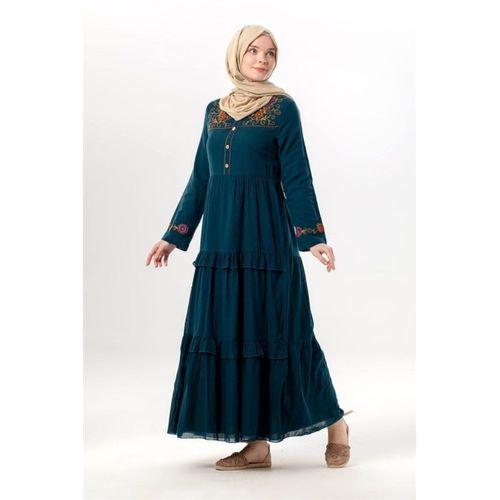 Uzun Kol Zeynep Bisiklet Yaka Nakışlı Uzun Vual Elbise Petrol Ptrl