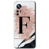 Xiaomi Mi 12 Kılıf HD Desen Baskılı Arka Kapak + Temperli Cam - Pembe Mermer Desenli F Harfi