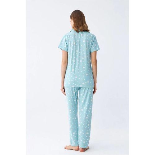 Kadın Buz Mavisi Yıldız Desenli Önden Düğmeli Pijama Takımı