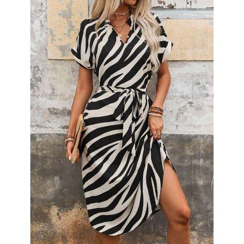 Kadın Kısa Kollu V Hakim Yakalı Zebra Desenli Midi Süprem Elbise
