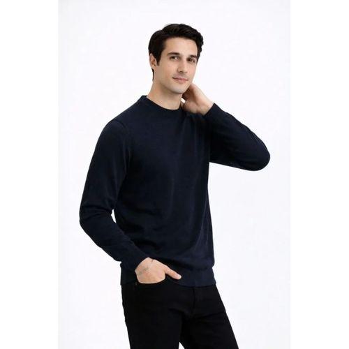 Erkek Bisiklet Yaka Triko Kazak Yumuşak Dokulu Pamuklu Ince Dokuma, Uzun Kollu Rahat Regular Kalıp - Lacivert