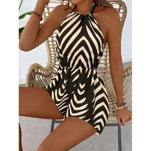 Kadın Boyundan Askılı Halter Yakalı Desenli Süprem Tulum