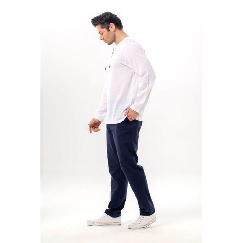 Büyük Beden Şile Bezi Uzun Kol Zımbalı Erkek Yazlık Tshirt Beyaz 3001