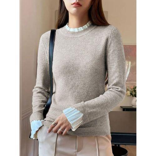 Kadın Uzun Kollu Fırfırlı Yakalı Triko Krem Bluz