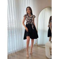 Kadın Kısa Kollu Kolu Fırfır Detay Mini Kuşaklı Kloş Krep Elbise