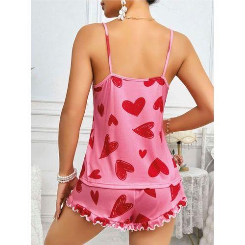 Kadın Pembe Kalp Baskılı Şortlu Gecelik Pijama Takımı Sevimli Rahat 2’li Set